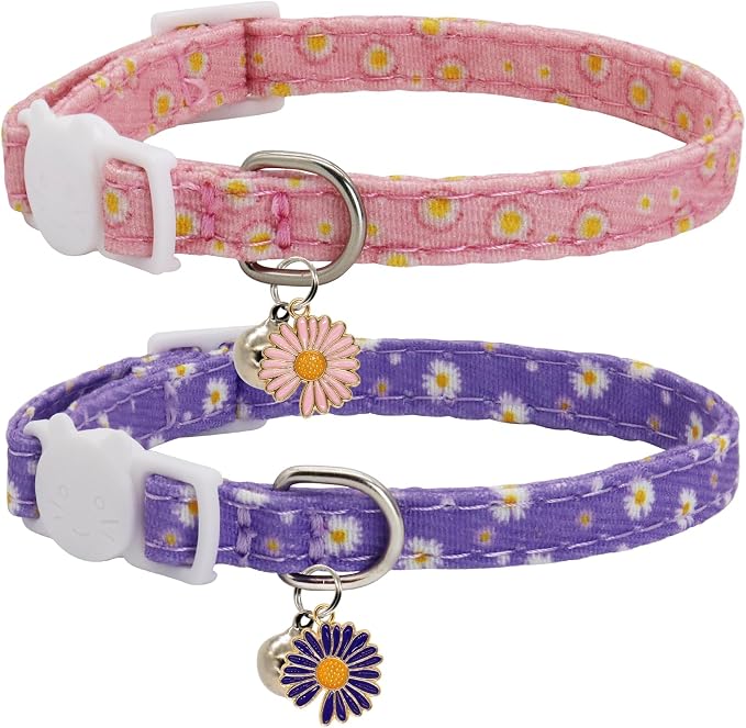 Cat Collars for Girl Cats & Boys, 2 Pack Soft Cotton Breakaway Collar with Removable Bell and Cute Charms, Adjustable Safety Pet Necklace, Daisy