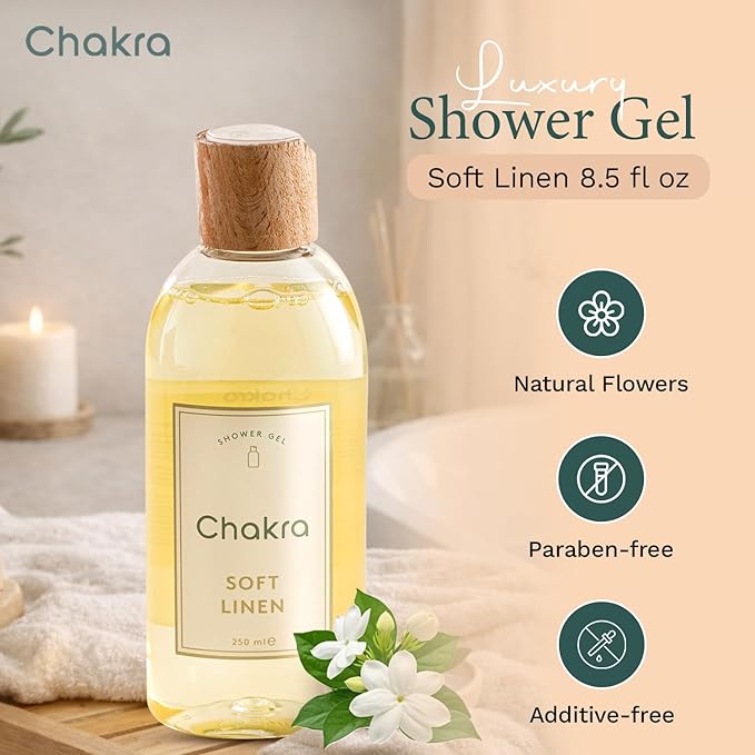 Chakra Body Wash for Women & Men - Moisturizing Shower Gel for Deep Cleansing and Silky Skin - Gentle Daily Body Care with Long-Lasting Freshness, 8.45 fl oz, Soft Linen