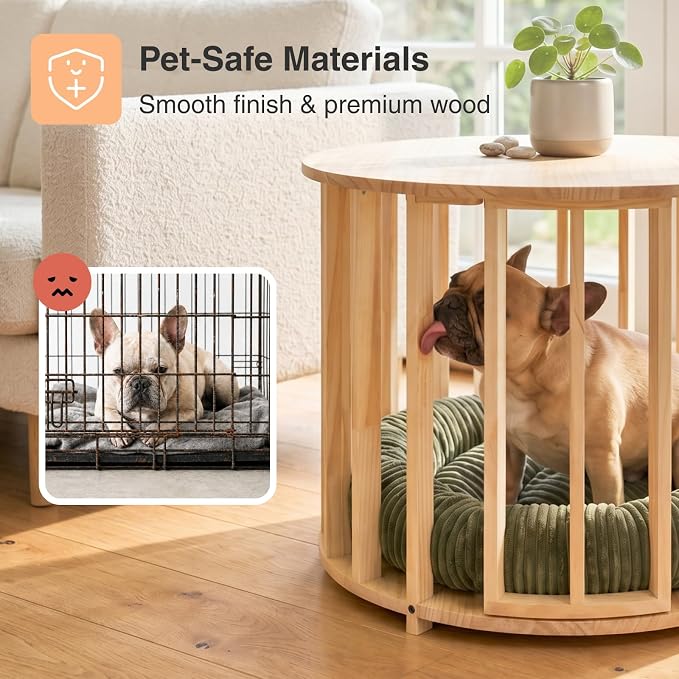 Veehoo Dog Crate Furniture, Round Cat Coffee Table with Cat Bed | Dog crate end table with dogs bed, wooden dog house, for small dogs & cats, 25.6" Dia. x 20.5" H, easy assembly