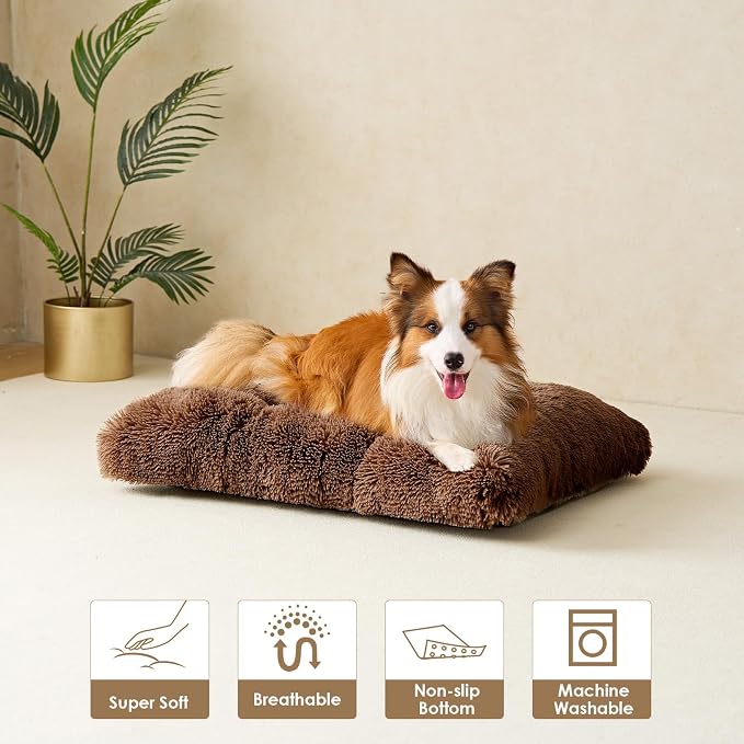 EHEYCIGA Fluffy Dog Crate Bed, Plush XX Large Dog Pillow, Coffee | Xlarge Calming Anti Anxiety Plush Faux Fur Mat for Large size dogs, Washable Soft Warm Dog Pad with Non-Slip Bottom