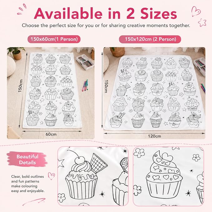 VEELU DIY Cupcake Coloring Blankets with 24 Colors Markers for Adults | Color In Your Own Blankets With 24 Colors Markers, Snuggle Color Sketch Washable Blankets Kit Home Decor