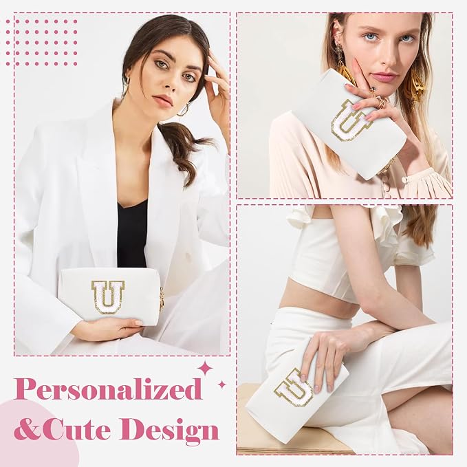 Small Personalized Initial A-Z Preppy Patch Makeup Bag,White PU Chenille Letter Travel Cosmetic Pouch with Zipper,Cute Toiletry Bag,Gift Ideal for Teen Girls Women Teacher Bridesmaid,Letter U