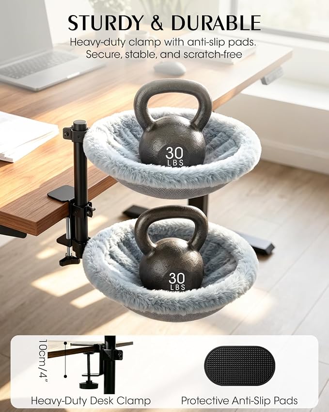 Double Cat Desk Bed, Lockable 360° Swivel, Steel Frame, 15.7-Inch | for Large Cats, Adjustable Clamp 0.5-3", Dual-Sided Cushion, 11-14" Height, No-Drill Mount, Machine Washable, Anti-Slip Base