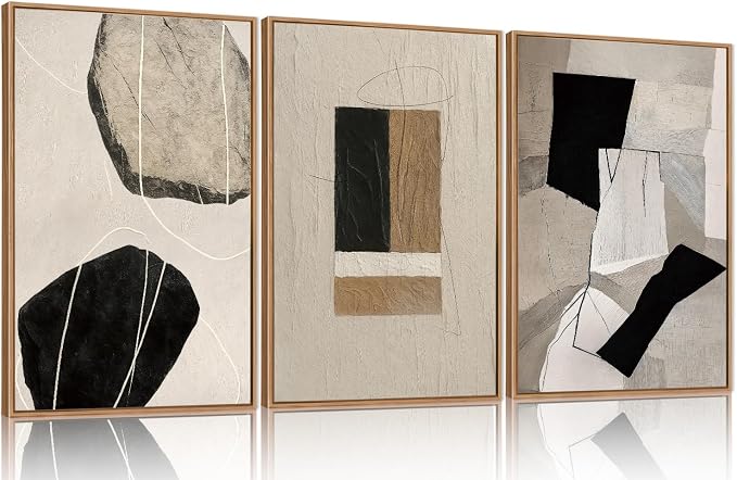 FWIEXA Large Neutral Abstract Wall Art Set of 3, Framed Modern Canvas Paintings for Living Room, Beige Black White Prints Artwork, 24x36 Inch Pictures Wall Decor for Bedroom, Bathroom, Hallway, Office