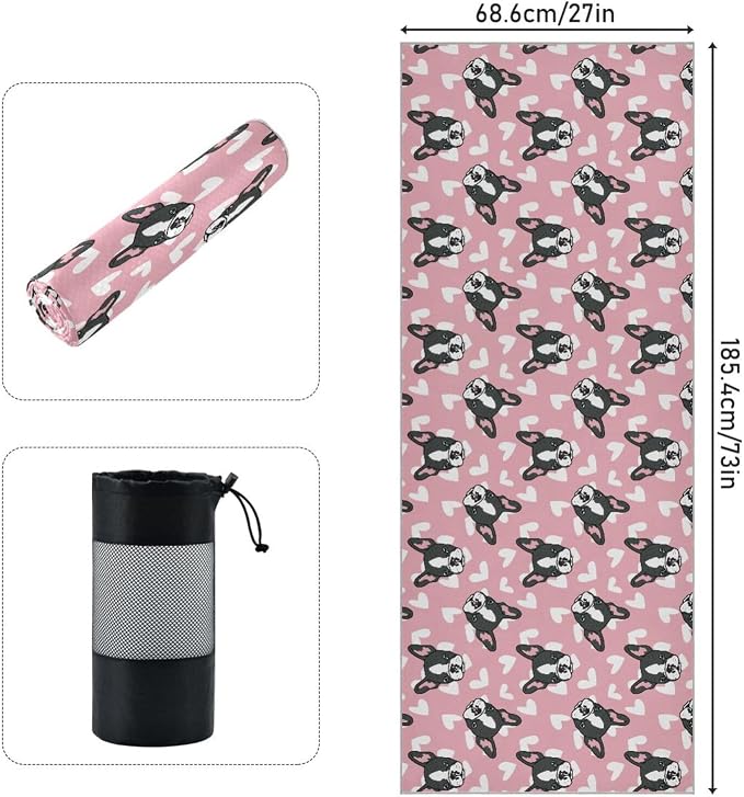 Cute French Bulldog Yoga Mat Towel Non Slip Soft Sweat Absorbent Hot Yoga Mat Towel for Hot Yoga, Pilates and Workout-73 x 27 Inch
