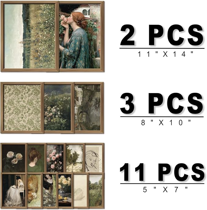 ANERZA 16 PCS Framed Vintage Wall Art Decor, French Country Wall Prints for Bedroom, Landscape Gallery Wall Frame Set, Farmhouse Posters for Living Room Aesthetic, Rustic Collage Kit, Dorm Home Decor