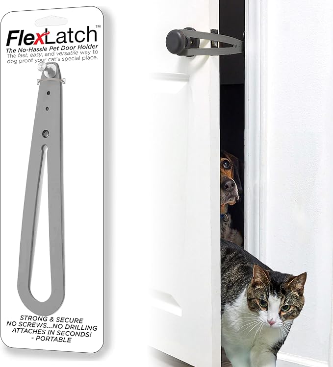 FlexLatch Cat Door Holder Latch - Gray Cat Door Alternative, Flex Latch Strap Let's Cats in and Keeps Dogs Out of Litter and Food Safe Baby Proof One Piece No Measuring Extra Easy
