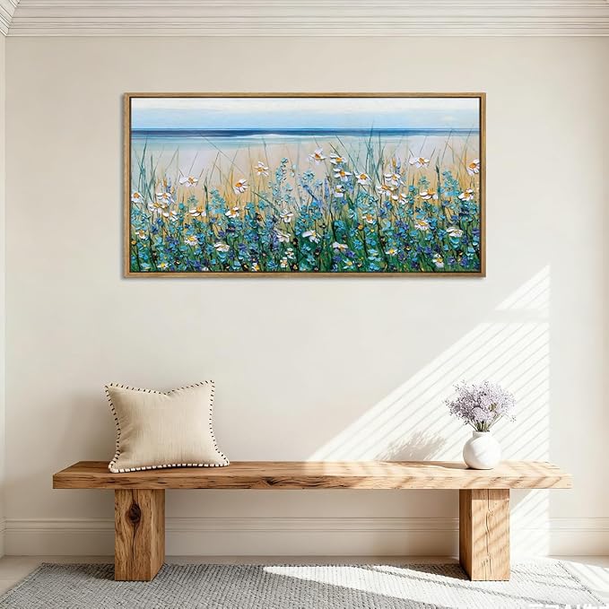 Large Blue Seaside Cyan Floral Wall Painting wildflower Blossom Art Framed Artwork for Living Room Bedroom 20x40 Inch