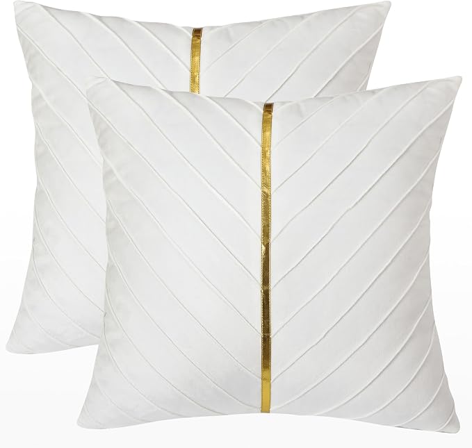 Velvet Throw Pillow Covers 18x18 inch Pack of 2 Gold Decor White | Soft Solid Pillow Covers,Modern Luxury Home Decor,for Couch Chair Sofa Bedroom Livingroom,Hidden Zipper,Ideal Gift,Easy Care