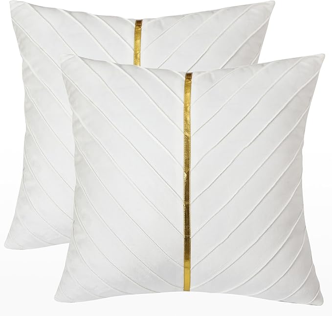Velvet Throw Pillow Covers 22x22 inch Pack of 2 Gold Decor White | Soft Solid Pillow Covers,Modern Luxury Home Decor,for Couch Chair Sofa Bedroom Livingroom,Hidden Zipper,Ideal Gift,Easy Care