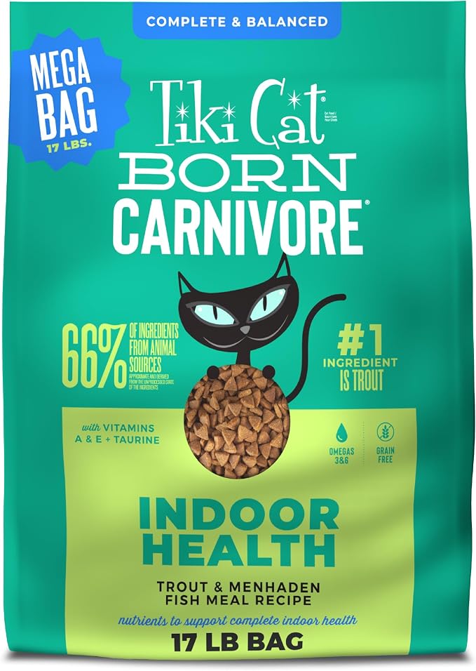 Tiki Cat Born Carnivore Dry Cat Food, Trout & Menhaden Fish Meal | Supports Healthy Weight and Immune System, Crunchy Kibble Texture, 66 Percent Animal Ingredients, Grain Free Recipe