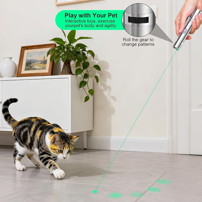 Waputne Cat Toy, Green Light, Rechargeable, 3 Light Modes, 5 Fun Patterns | Interactive Chase Toy; Automatic Training & Exercise Fun; Kitten Toy for Indoor Cats & Dogs