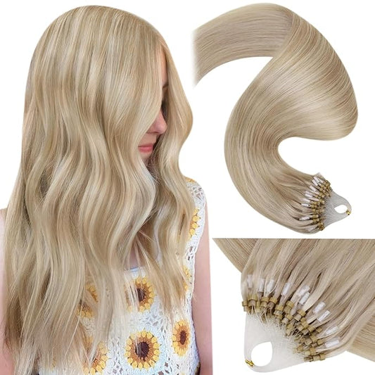 LaaVoo Micro Link Hair Extension Human Hair Dirty Blonde Highlighted with Platinum Blonde Micro Ring Hair Extensions Human Hair Blonde Micro Beads Extensions Real Human Hair 16inch 50g/50s