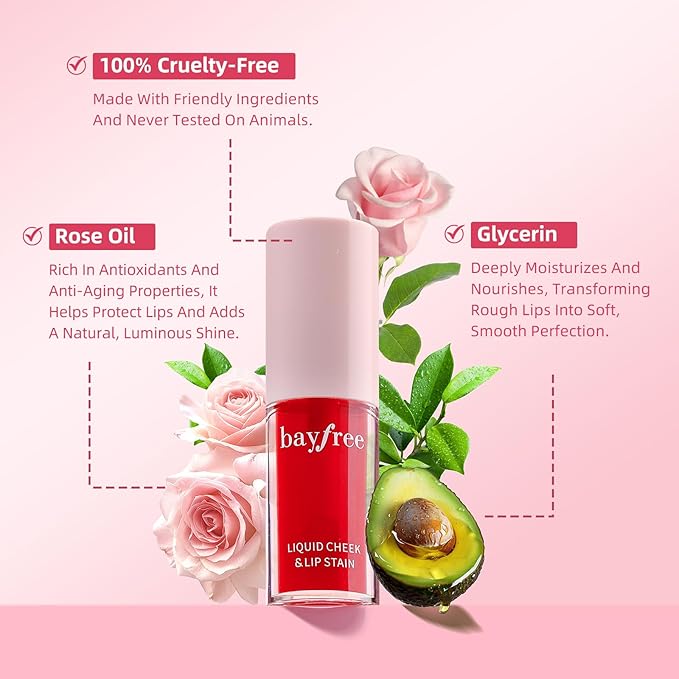 bayfree Liquid Cheek & Lip Stain, Korean Lip Tint with Moisturizing & Weightless, Non-Sticky, Long-Lasting, Kiss-proof, All Long-wearing, Vegan Makeup (Honey Peach)