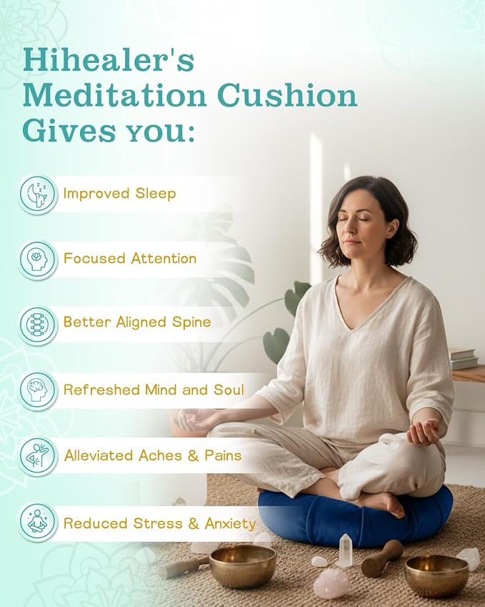 Hihealer Premium Crescent Meditation Cushion, Ergonomic Buckwheat Hull Floor Pillow for Adults, Comfortable Yoga Bolster for Meditation & Floor Sitting (Blue)
