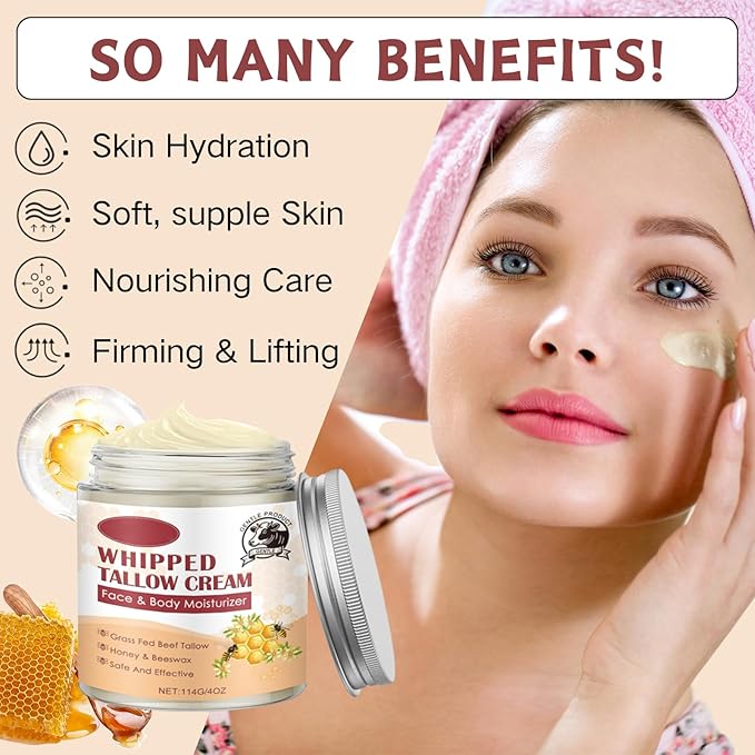 Tallow and Honey Balm for Face - Beef Tallow for Skin - Body Butter for Women & Men - Tallow Face Moisturizer With Grass-Fed Beef Tallow & Raw Honey - Tallow Balm Hydrates,Nourishes for Dry Skin