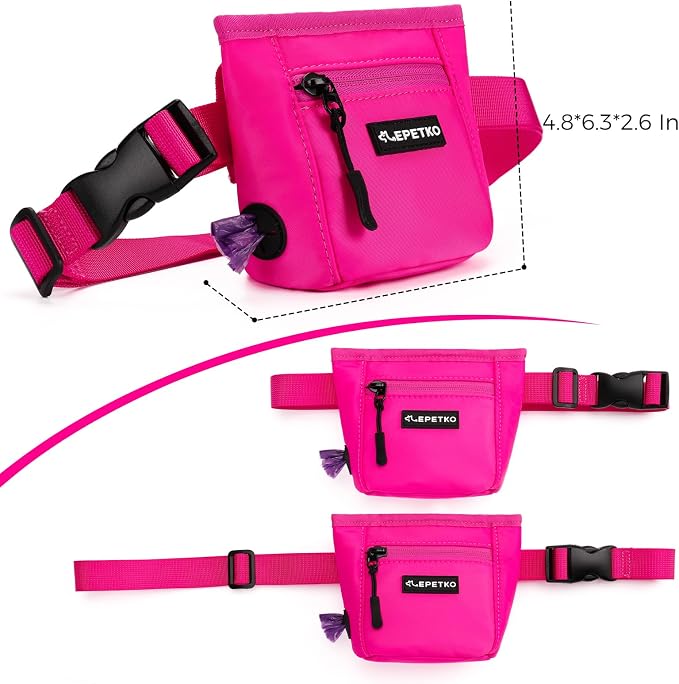 Dog Treat Pouch, Powerful Magnet Closure Device Dog Training Treat Bag Large Capacity Pet Treat Pouch with Poop Bag Dispenser Treat Bag for Dog Training with Metal Waistband Clip (Pink)
