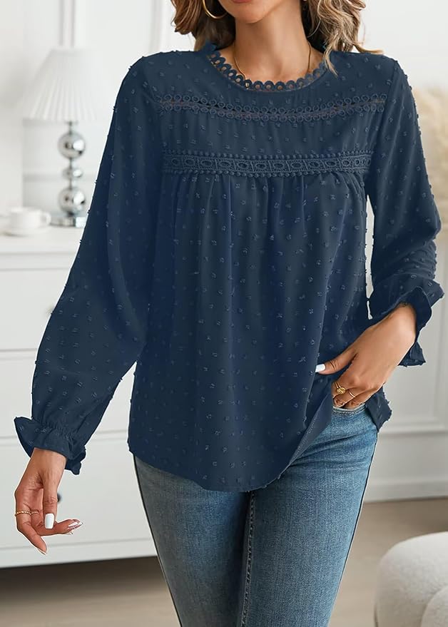 Womens Boho Tops Long Sleeve Shirts For Women Cute Crewneck Blouse Dressy Casual Swiss Dot Crochet Hollow Top 2026