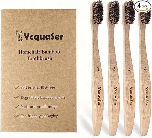 Ycquaser Bamboo Toothbrushes,Travel Toothbrush&Horse Bristle(4-Pack),Natural Soft Bristles for Adults,100% Biodegradable,Plastic & Nylon Free