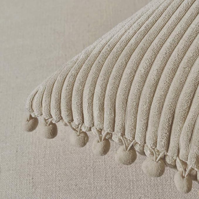 Fancy Homi Pack of 2 Tan 20x20 Inch Decorative Throw Pillow Covers with Pom-poms, Soft Corduroy Solid Square Cushion Cases Set for Living Room Couch Sofa Bedroom Car (20x20 Inch/50x50 cm, Khaki)