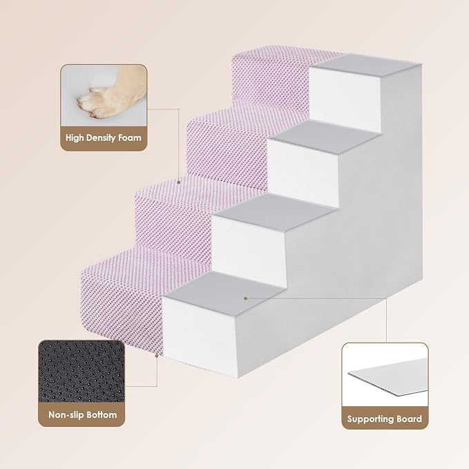 EHEYCIGA Dog Stairs for Bed 18" H, Dog 4-Steps for High Bed, Lilac | Pet Steps for Small Dogs and Cats, Non-Slip Balanced Pet Ramp Indoor