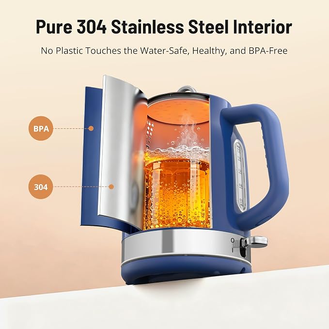 PARIS RHÔNE Retro Stainless Steel Electric Kettle, 1.7L Cordless Hot Water Tea Kettle with Thermometer, 1500W Fast Heating, LED Indicator, Auto Shut-Off & Boil Dry Protection