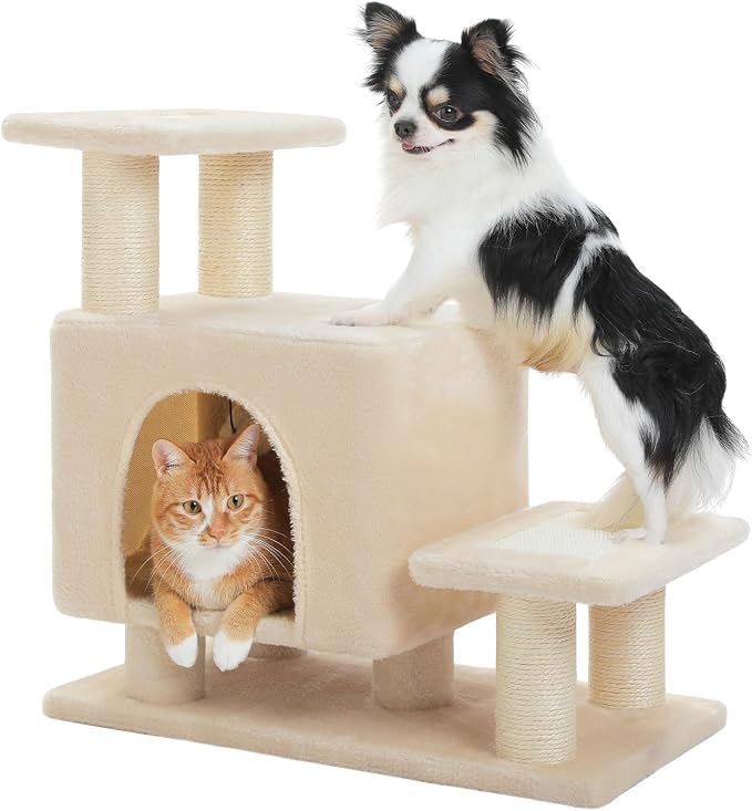 3-in-1 Cat Stairs with Scratching Post & Condo, Pet Steps, Beige | Pet Steps for High Beds, Sofa, Couch, Tall Cat Tower, High-Strength Boards for Indoor Small Cats Kittens Dogs Climbing Play
