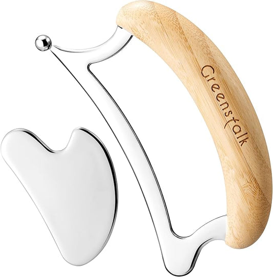 Greenstalk 2 in 1 Whole Body Stainless Steel Gua Sha Set for Muscle Relief, Wooden Massage Tools,Portable Body Scrapers Tool for Neck, Back, Feet Recovery.