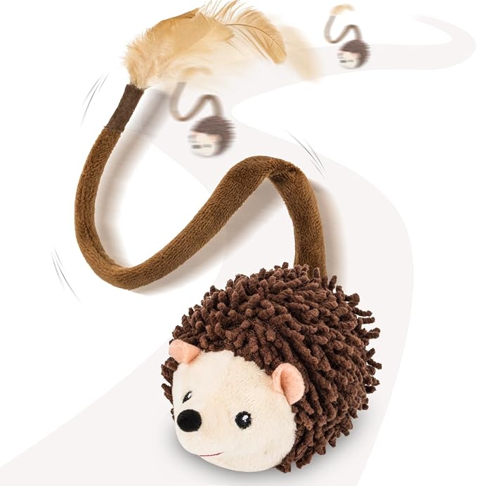 Migipaws Interactive Hedgehog Cat Toy 360° Rolling & Spin with Soft Plush Tail for Indoor Cats Smart Motion Sensor, Realistic Squeak, Rechargeable Plush Kitten Toy (Brown)
