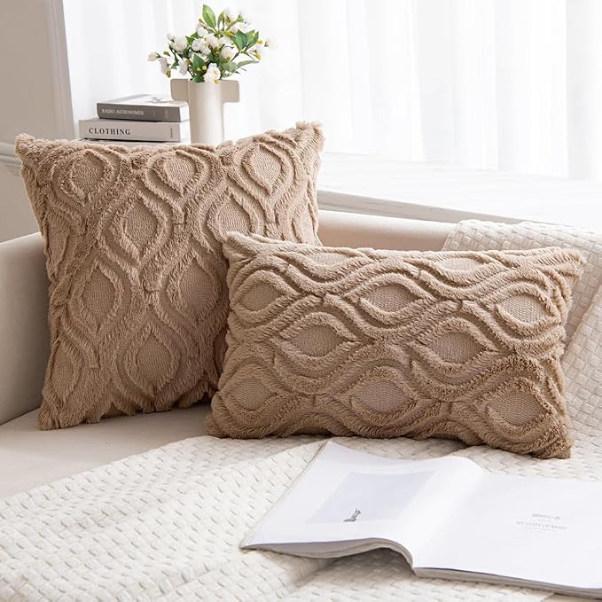 MIULEE Light Brown Soft Plush Faux Wool Throw Pillow Covers 16x16 | Set of 2, Farmhouse Boho Home Decor, Decorative Cushion Covers for Sofa, Living Room, Bed