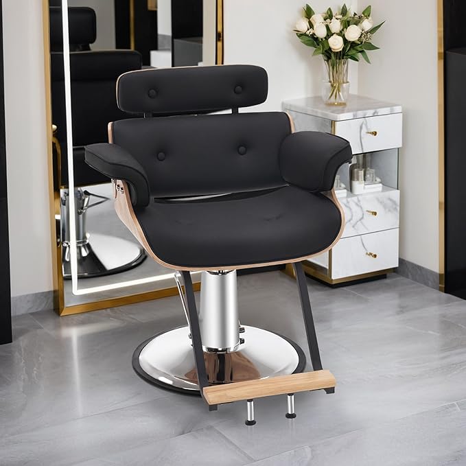 BarberPub Bend Wooden Salon Chair Hydraulic Chair Hair Cutting Beauty Spa Styling Equipment 8261 (Black)