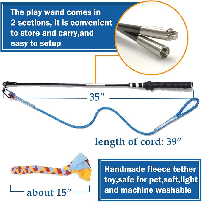 Interactive Flirt Pole Toy for Dogs Chase,Outdoor Exercise,Agility Training | Durable Teaser Wand with Pet Fleece Rope Tether Lure,for Small Medium Large Breeds High Energy Dogs Herding and Tug of war