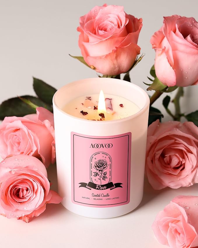 AOOVOO Rose Scented Candles for Women - Aromatherapy Candle with Crystals Inside, 7oz Soy Candles for Home Scented, Valentines Day Birthday Gifts Valentines Day Candle for Women Mom (Pack of 2)