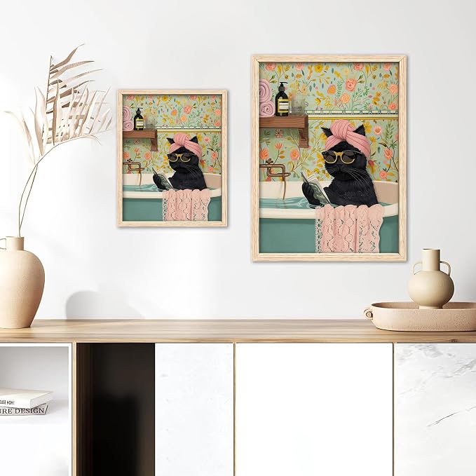 ICHZUMW Framed Funny Black Cat in Bathtub Canvas Bathroom Wall Art 12x16 In | Humorous Cat Wearing Sunglasses Reading Book, Girly Pink Dopamine Bathroom Wall Decor, Restroom Powder Room, Ready to Hang