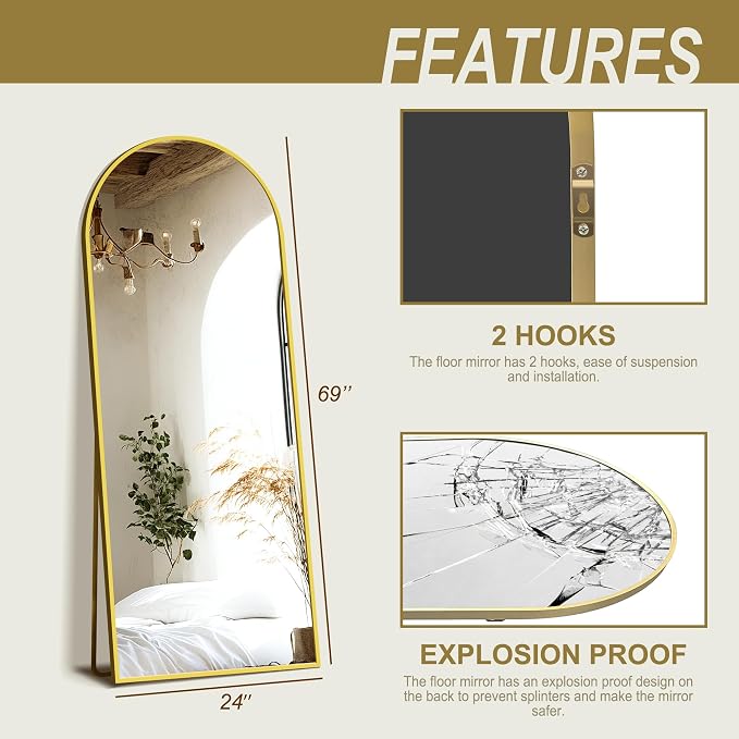 Arched Full Length Mirror with Stand, 69x24 Gold Floor Mirror | Aluminium alloy frame with HD float glass for distortion-free reflection. Free standing or wall mounted.