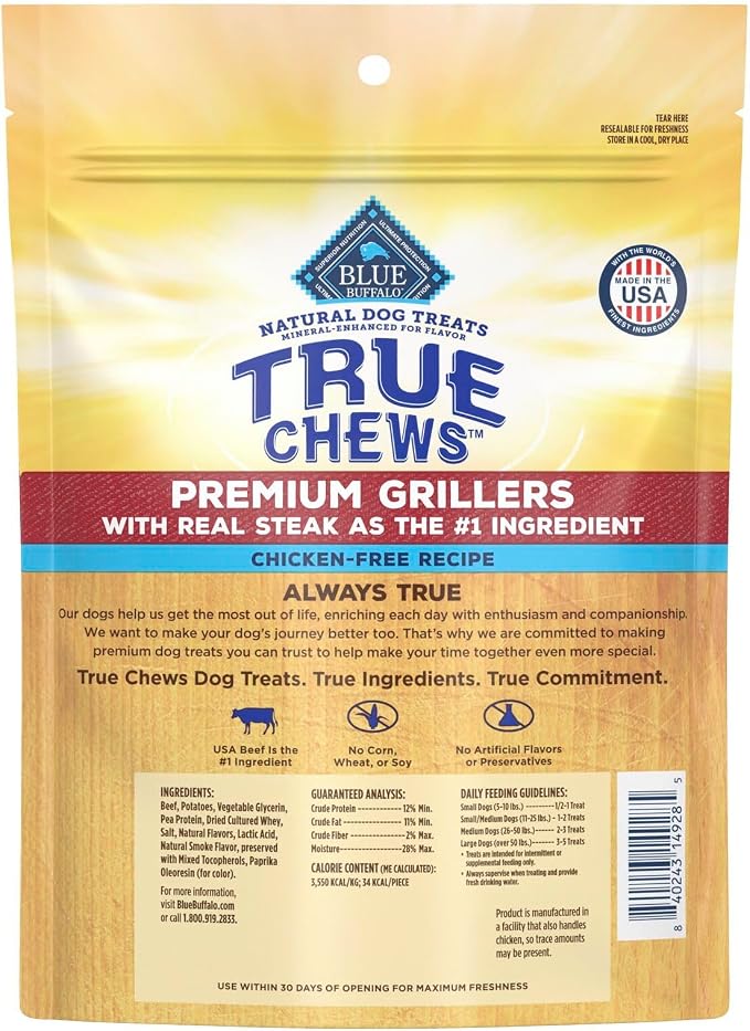 Blue Buffalo True Chews Premium Grillers Steak Dog Treats, 10 oz | Real Beef First, Tender & Tasty, Made in the USA, No Artificial Preservatives