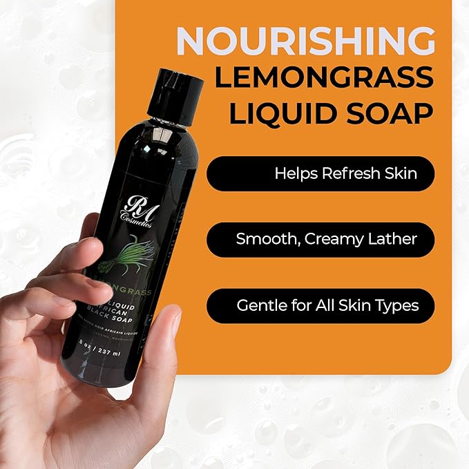 RA COSMETICS Liquid African Black Soap with Lemongrass – Traditional West African Cleanser with Shea Butter & Coconut Oil – Face, Body & Hair Wash for Daily Use – No Artificial Fragrances – 8oz