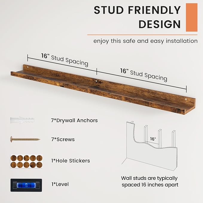 Picture Ledge Shelf, Floating Shelves for Wall, 48" W Set of 2, Brown | FSC Certified Engineered Wood, Wall Mounted Bookshelf, for Nursery Living Room Bedroom, Pre-Drilled, Easy Install