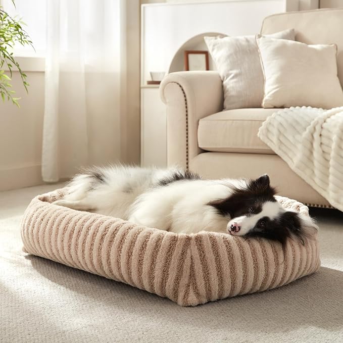 MIXJOY Dog Beds Large Sized Dogs, Washable Dog Bed with Removable Cover, Soft Rectangle Dogs Ded Fluffy Plush Faux Fur Pet Bed with Anti-Slip Bottom, 36"x27"x8", Beige