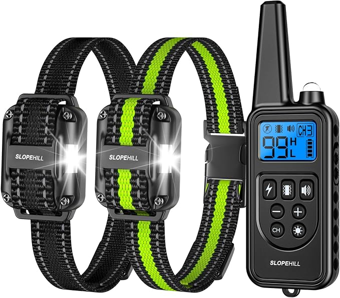 SLOPEHILL Dog Training Collar,4200FT Shock Collar for 2 Dogs (8-140lbs) | IP68 Waterproof e Collar with Beep,Vibration,Shock,Light,No Shock Modes,Shock Collar with Remote,Removable Prongs,Black Green