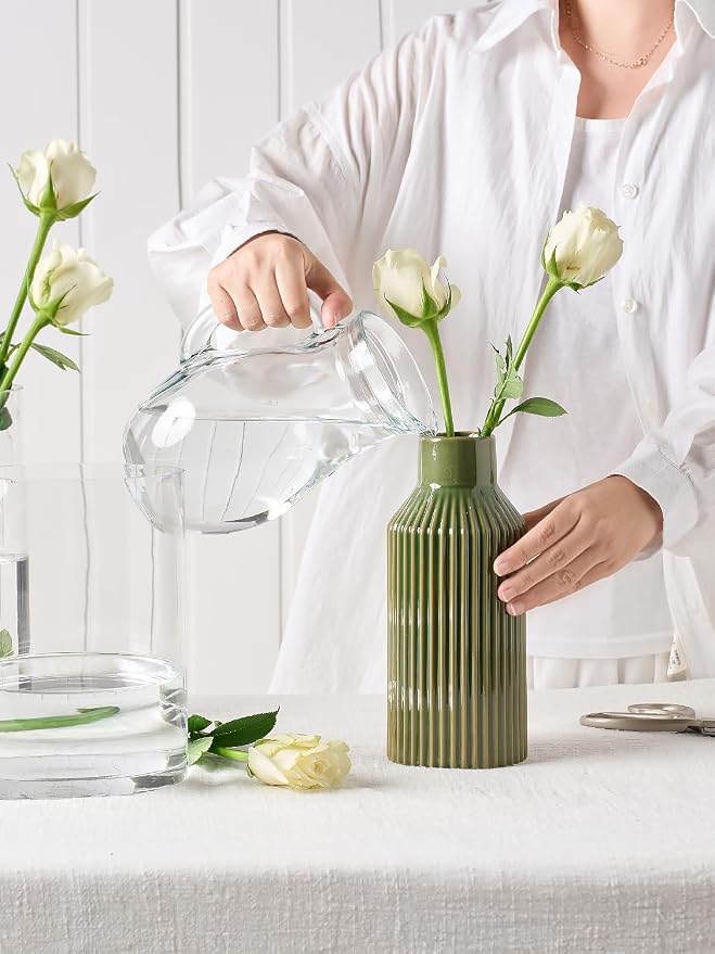 STHIE 8 Inches Ceramic Flower Vase, Green Vases for Centerpieces | Flambé Reactive Glaze,Minimalist Modern Home Decor, Pampas Grass Vase for Table, Fireplace, Shelf, Mantel, Entryway