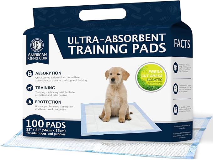 AKC Puppy Training Pads, 22" x 22", Grass Scented, 100 Count | Scented dog pee pads help control odors with ultra absorbent quick-dry gel, leakproof layers and potty training protection.