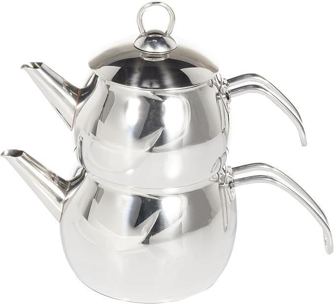 Karaca Belinay Teapot Set Medium Silver, 18/10 Stainless Steel, Teapot/Lid (1 lt, 2.2 lb), Tea Kettle (1.6 lt, 3.5 lb), Suitable for Induction, 2 Years Warranty