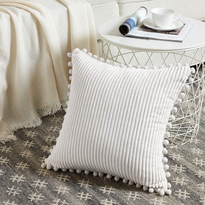 Fancy Homi 2 packs Cream White Boho Decorative Throw Pillow Covers with Pom-poms, Soft Corduroy Solid Square Cushion Cases Set for Living Room Couch Sofa Bedroom Car (20x20 Inch/50x50 cm, Cream White)