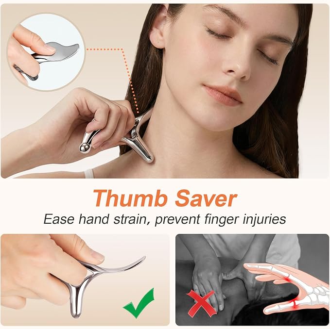 Pressure Point Massage Tool for Deep Tissue - Metal Muscle Scraper Gua Sha Tools for Fascia Release, Thumb Saver Acupressure Tool for Trigger Point & Pain Relief, Travel Pouch