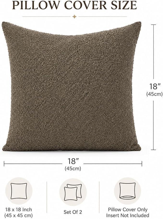 JoraLion 18x18 inch Boucle Throw Pillow Covers, Brown Woven Texture Neutral Pillow Cover Breathable Cushion Case for Couch Sofa Bed Living Room Home Decor, Pack of 2, No Insert