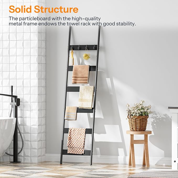 HOOBRO Blanket Ladder, 6-Tier Towel Rack with Hooks, Wall-Leaning Blanket Rack, Decorative Display Ladder Shelf, Scarves, Industrial, Living Room, Bedroom, Black BB66CJ01
