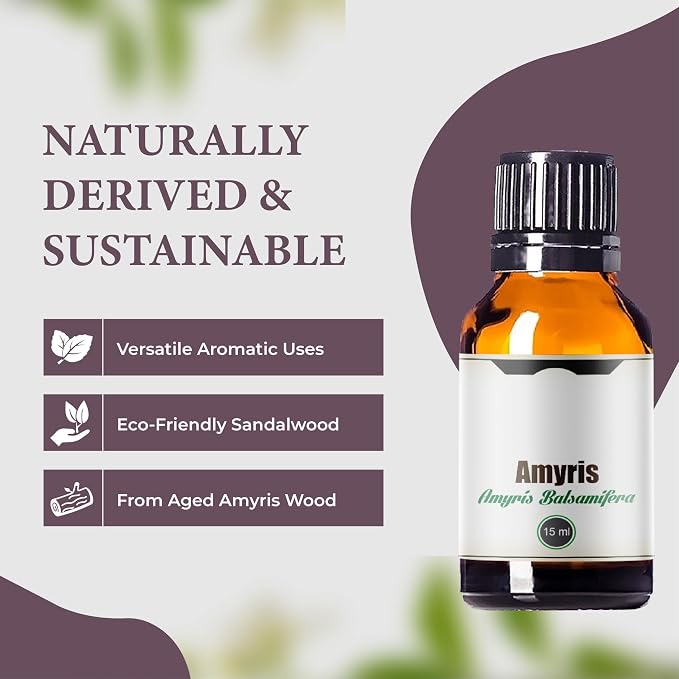 Amyris Essential Oil – 100% Natural Steam-Distilled Amyris Balsamifera Oil from Haiti – Warm Woody Balsamic Aroma for Diffusers, Candles, Perfumes, Massage Blends, Skincare & Aromatherapy – 15 ml