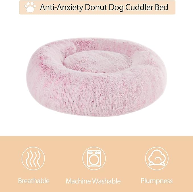 WNPETHOME Small Pink Round Calming Dog Bed Cat Bed for Comfy Sleep | Dog Beds For Small Dog, Cute Washable Puppy Bed with Fluffy Plush, Faux Fur Anti Anxiety Pet Bed Donut Cuddler (20x20x8 Inch)