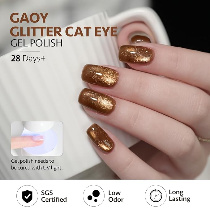 GAOY Jelly Brown Cat Eye Gel Nail Polish, 16ml Glitter Holographic Nail Polish with Magnet, Reflective Translucent UV Gel, 2958 Caramel Shine